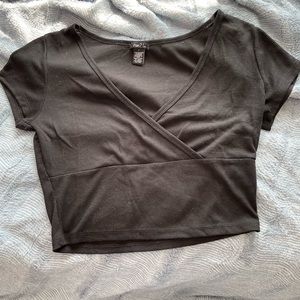 Black Semi Cropped Cross Over Short Sleeve